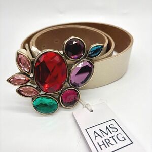 Amsterdam Heritage Luxe Cream Leather Multicolor Jewel Buckle Belt 85 Small NWT